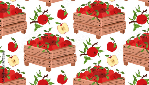 Apple wooden crate illustration with red apples and green leaves pattern