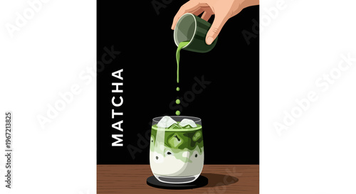 A hand pouring matcha green tea into a glass of ice