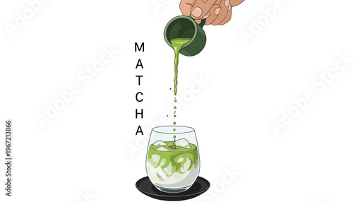 A hand pouring matcha green tea into a glass of ice