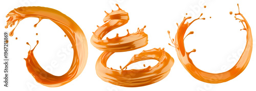 Set of caramel splashes isolated on a white background. 3D render