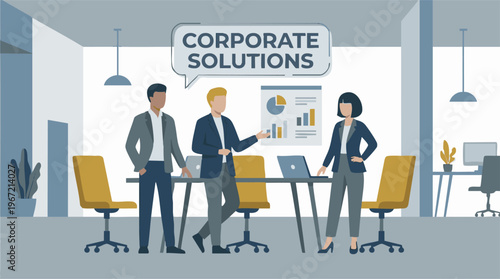 Business professionals presenting corporate solutions in modern office