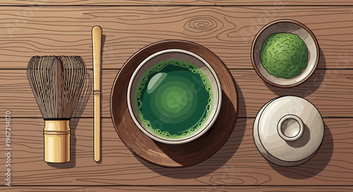 A traditional Japanese tea set with matcha powder and whisk on a wooden table