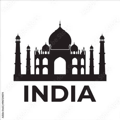 Taj Mahal silhouette, iconic Indian monument, black and white illustration for travel.