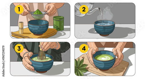 A person preparing matcha green tea in a step by step process