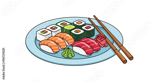A plate of sushi with chopsticks on a white background