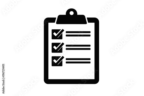 Checklist icon on clipboard with check marks and lists in black and white