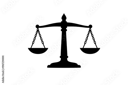 Balanced scales of justice silhouette on white background