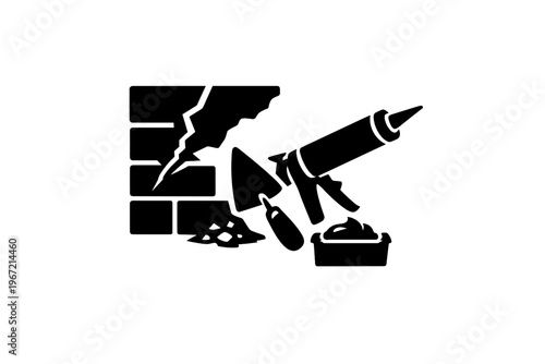 Construction tools and brick wall repair icon featuring caulking gun and trowel