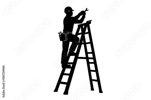 Silhouette of male worker on ladder performing construction task