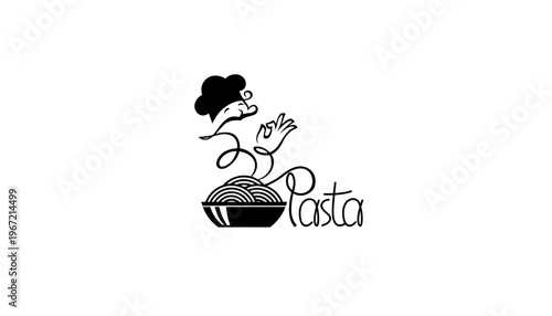 A logo for a pasta restaurant with a cartoon chef and wooden design
