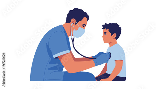 Doctor examining a young boy with a stethoscope in a medical setting