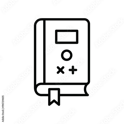Mathematics textbook line icon with bookmark and arithmetic symbols for school education and academic learning concepts