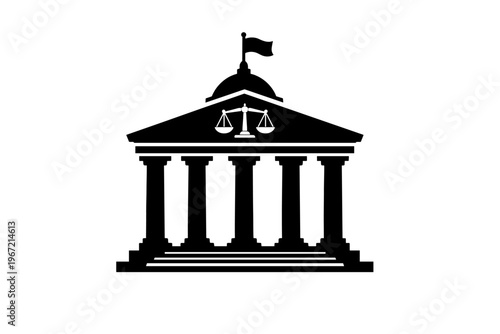 Courthouse icon with scales of justice on white background