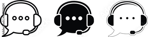 Three black and white headset icons representing communication and technology