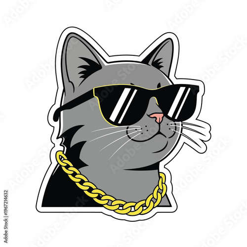 A cool grey cat head wearing sunglasses and a gold chain. sticker