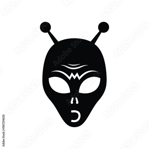 Minimalist Black Alien Head Silhouette with Antennae and Large Eyes Isolated on White Background for Sci-Fi and Gaming Design