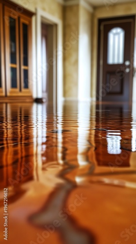 Water covers a home interior floor reflecting room elements