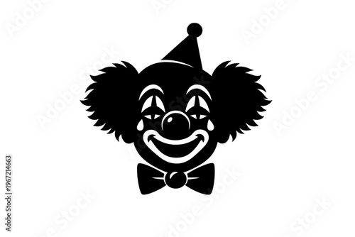 Silhouette of smiling clown with bow tie and party hat
