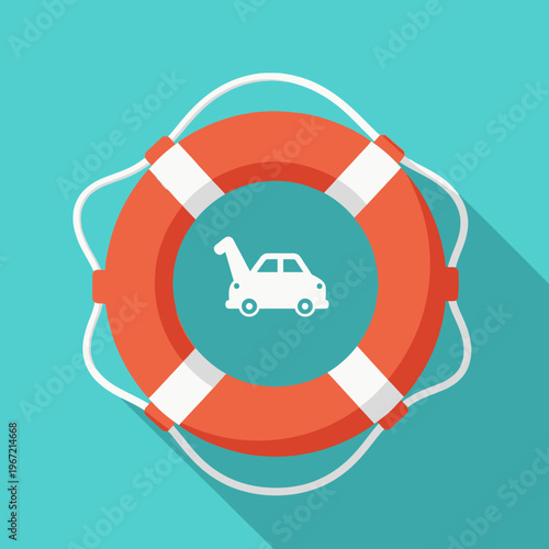 Tow truck inside lifebuoy symbol on turquoise background safety concept