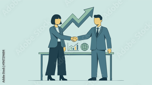 Business professionals shaking hands with a growth chart in the background
