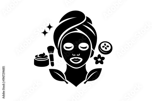 Silhouette of female spa facial routine with skincare elements and leaf accents