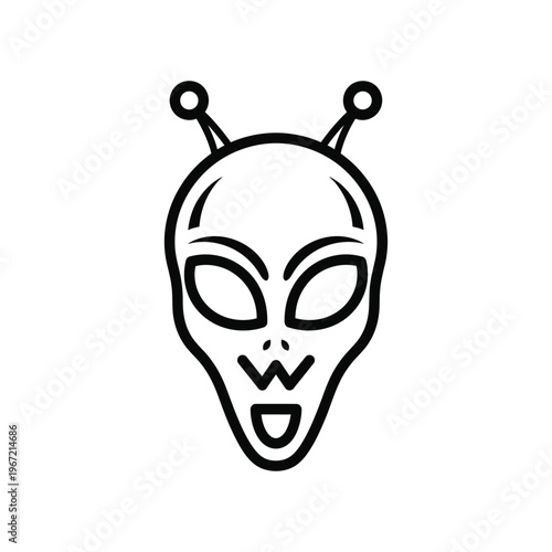 Minimalist black and white line art icon of a friendly extraterrestrial alien head with antennae for science fiction branding and creative space-themed graphic design projects.