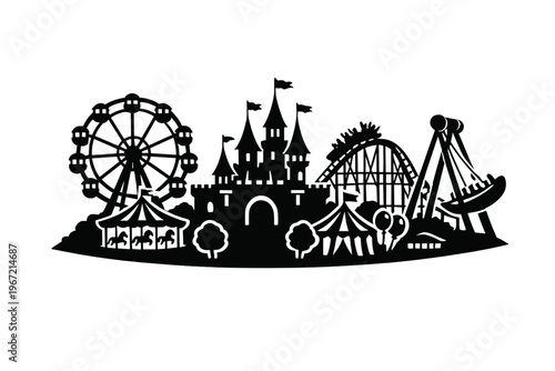 Amusement park silhouette with ferris wheel and castle