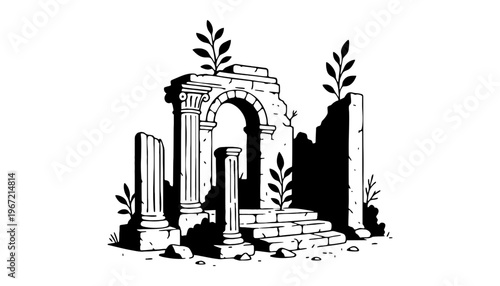 Ancient ruins vector illustration with arch and columns in black and white