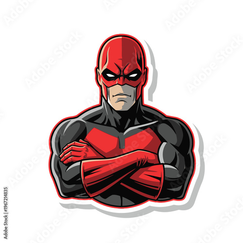 A muscular superhero in red and black with crossed arms. sticker