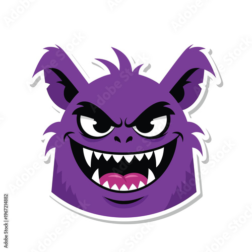 A grinning purple monster head with sharp teeth and eyes. sticker