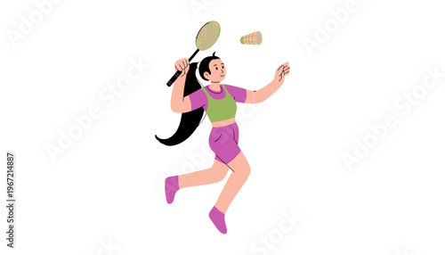 A cartoon woman playing badminton with a shuttlecock and racket outdoors
