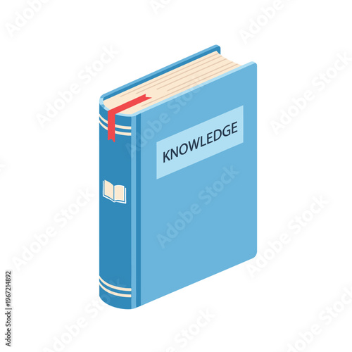 Isometric illustration of a closed blue book with bookmark and title