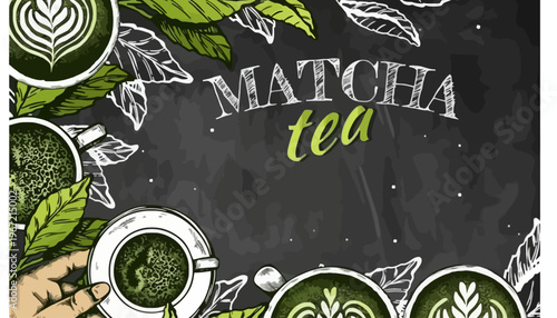 A vibrant illustration of matcha tea surrounded by green leaves and cups