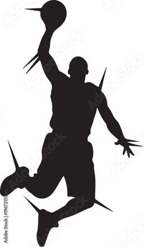 Black silhouette of a basketball player jumping to dunk a ball