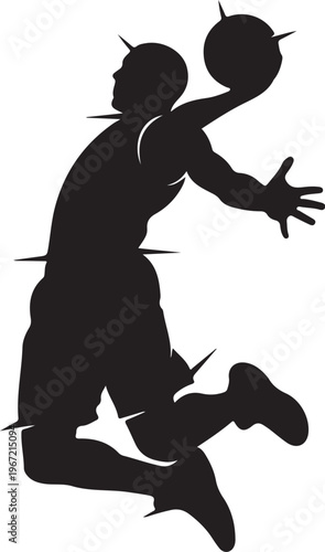 Black silhouette of a basketball player jumping to dunk a ball