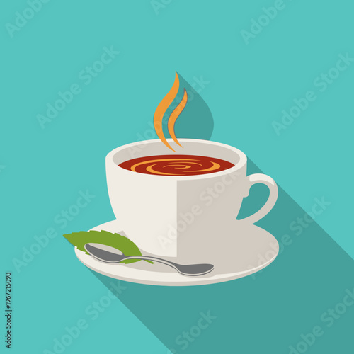 Steaming cup of tea illustration with long shadow and leaf on cyan backdrop