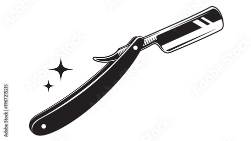 Razor straight vintage sharp barber tool with shiny sparkles, isolated on white background illustration
