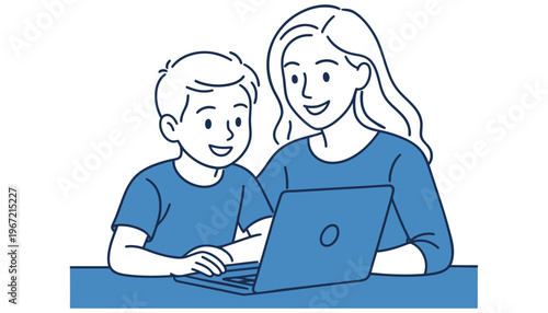 Laptop vector illustration of a woman and a boy using a laptop