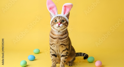 Kitten wearing bunny ears with pastel colored eggs on a bright yellow background