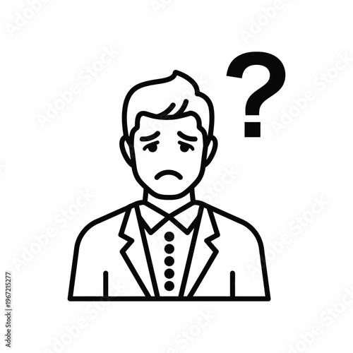 Minimalist line art icon of a worried businessman in a suit with a question mark, symbolizing confusion, uncertainty, and the search for answers in a corporate setting.