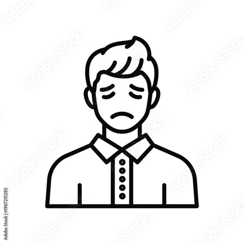 Minimalist line art icon of a sad man expressing feelings of depression, grief, or disappointment for mental health awareness and emotional support concepts.