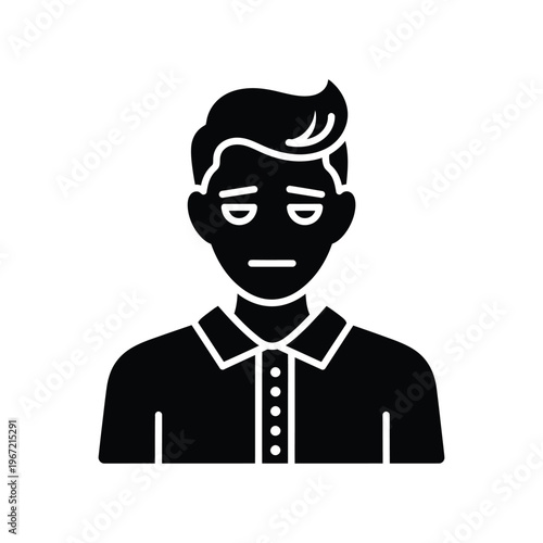 Minimalist black glyph icon of an exhausted man with a bored facial expression and heavy eyes, representing burnout, fatigue, or indifference for user interface design.