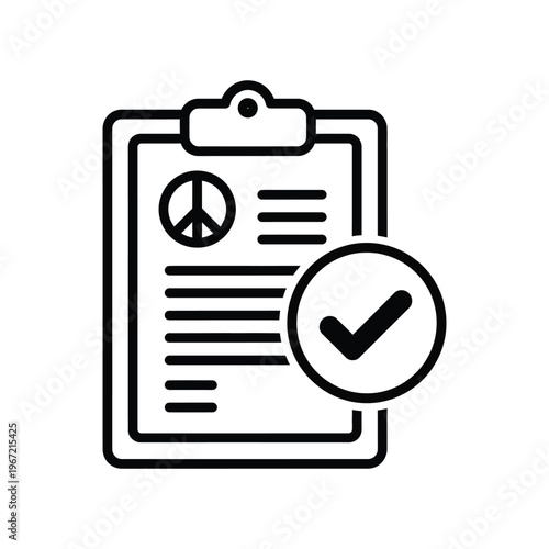 Peace treaty agreement icon with clipboard and checkmark symbol for human rights and non-violence compliance