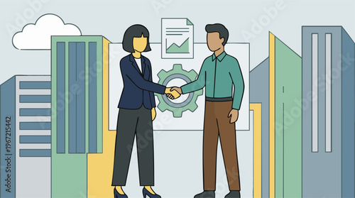 Business people shaking hands, partnership agreement illustration with city background