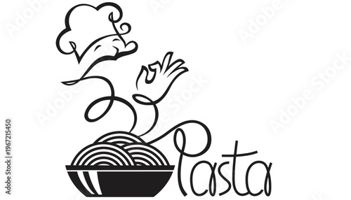 A simple black and white illustration of a bowl of pasta