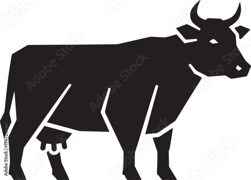 Cow Silhouette Vector - Black Cattle Farm Animal Icon with Horns and Udder