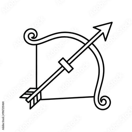 Minimalist black and white line art illustration of a decorative bow and arrow, perfect for Sagittarius zodiac themes, mythological storytelling, or romantic Cupid-inspired graphic designs.