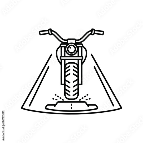 Minimalist line art icon of a motorcycle front view with headlight beam illuminating the road for safe night riding and travel