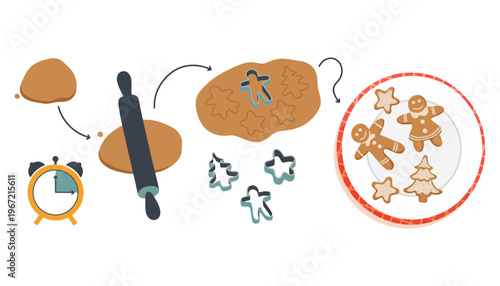 Gingerbread vector illustration of baking process with rolling pin and cookie cutters