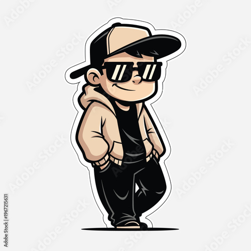 A cool chibi boy wearing a cap, hoodie, and black sunglasses. sticker